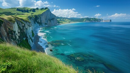 Fototapeta na wymiar A serene coastal cliffside, where emerald-green grass meets the azure sea under a clear sky.