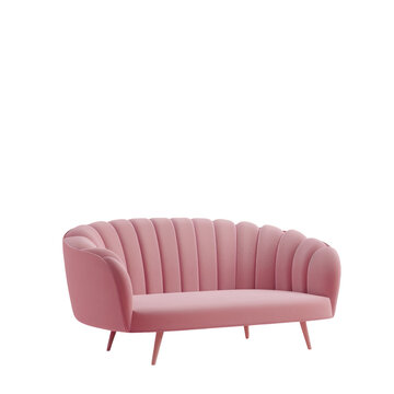 A pink sofa with a scallop shaped back and legs