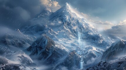 A snow-covered mountain peak, with icy cliffs and frozen waterfalls shimmering in the cold sunlight. - obrazy, fototapety, plakaty