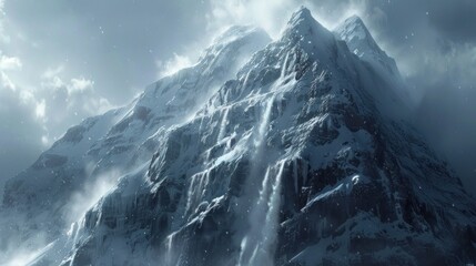 A snow-covered mountain peak, with icy cliffs and frozen waterfalls shimmering in the cold sunlight.