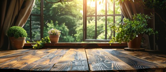 A simple wooden table positioned in front of a window displaying various potted plants and greenery, creating a refreshing indoor garden - obrazy, fototapety, plakaty