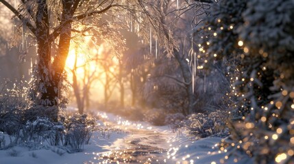 A snowy woodland glade, with delicate icicles hanging from frost-covered branches in the pale sunlight. - obrazy, fototapety, plakaty