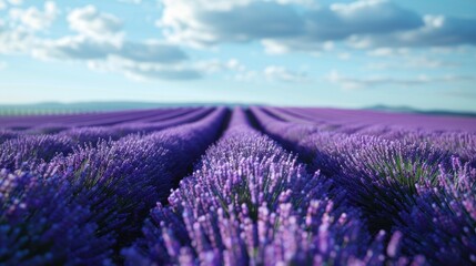 A tranquil lavender field in bloom, with rows of fragrant purple flowers stretching towards the horizon. - obrazy, fototapety, plakaty
