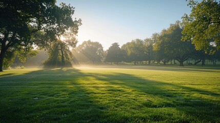A tranquil park at dawn, with dew-kissed grass and birdsong filling the crisp morning air.