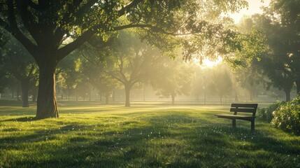 Obraz premium A tranquil park at dawn, with dew-kissed grass and birdsong filling the crisp morning air.