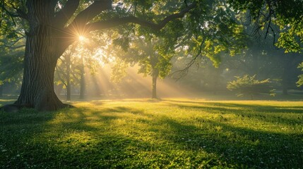 A tranquil park at dawn, with dew-kissed grass and birdsong filling the crisp morning air.