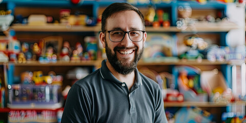 Fototapeta premium portrait of a smiling male business owner standing in his toy store, generative AI