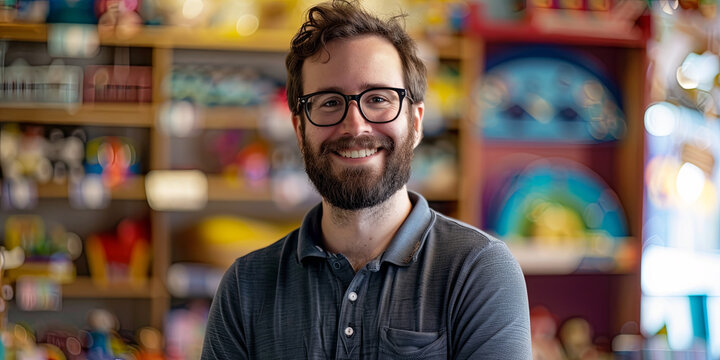 portrait of a smiling male business owner standing in his toy store, generative AI