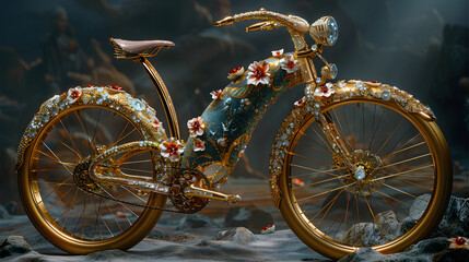  bicycle adorned with gold and pink jewels, placed in a hallway with large windows and marble floors.