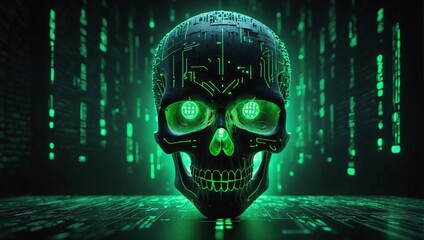 A neon-lit skull made of green binary code against a dark cyberpunk background