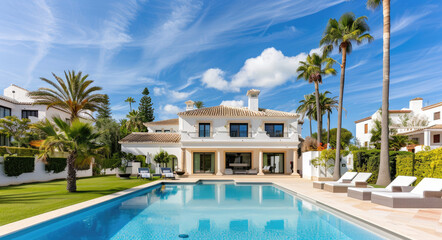 A beautiful, luxurious villa in Marbella with an outdoor pool and palm trees against a background of blue sky. - obrazy, fototapety, plakaty