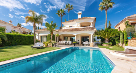 A beautiful, luxurious villa in Marbella with an outdoor pool and palm trees against a background of blue sky.