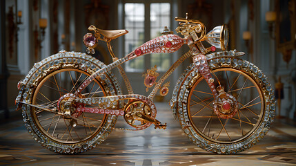 Fototapeta na wymiar bicycle adorned with gold and pink jewels, placed in a hallway with large windows and marble floors.