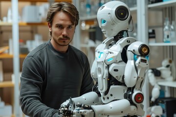 Fototapeta premium Male engineer working with android robot in a laboratory for the creation of humanoid android robots to help humans. Laboratory's dance, androids move, rhythm of progress.