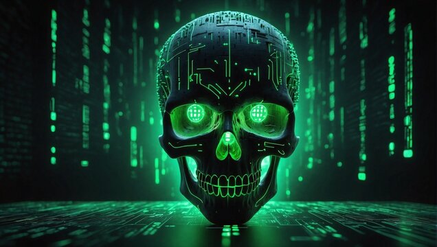 A neon-lit skull made of green binary code against a dark cyberpunk background