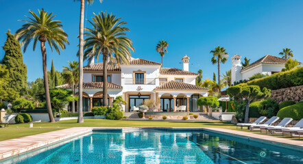 A beautiful, luxurious villa in Marbella with an outdoor pool and palm trees against a background of blue sky. - obrazy, fototapety, plakaty