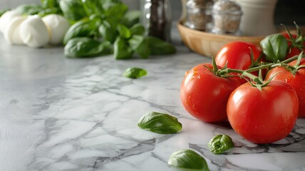 Fresh tomatoes on vine with basil leaves marble surface in kitchen