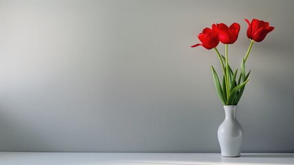 Three red tulips in white vase against grey background