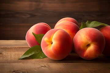 Naklejka na ściany i meble Peachs on wooden background. Fresh Peach fruits