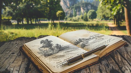Open sketchbook with landscape drawings on wooden surface nature in background - obrazy, fototapety, plakaty