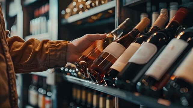 Person is selecting bottle of wine from shelf in store with various bottles displayed
