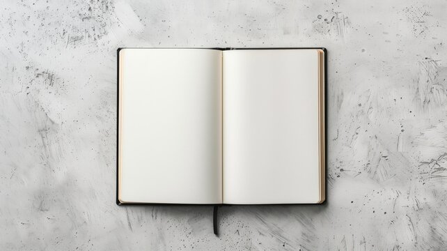 Open blank book lies on textured grey surface, offering clean slate for writing or drawing