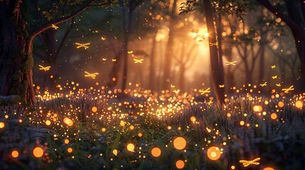 Fireflies lighting up a secret forest rave, natures nightlife isolate on soft color background - obrazy, fototapety, plakaty