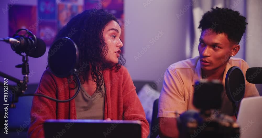 Poster Podcast, man and woman in interview with mic, conversation and hosting online radio talk show in home. Live stream, broadcast and happy people vlogging with microphone chat, tech and content creation