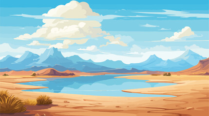 Desert landscape with dunes and lake. Cartoon vecto