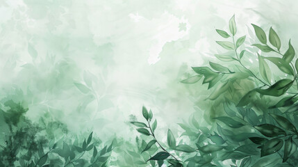 Abstract background with green leaves and watercolor paint in a soft light