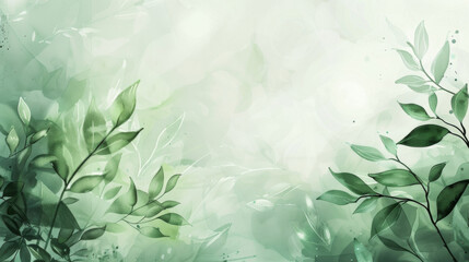 Abstract background with green leaves and watercolor paint in a soft light