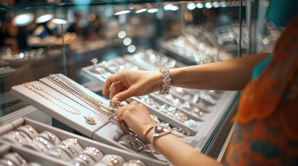A person carefully arranging jewelry in a display case at a boutique.