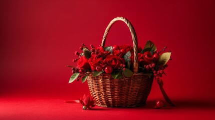 Basket of red roses on red background