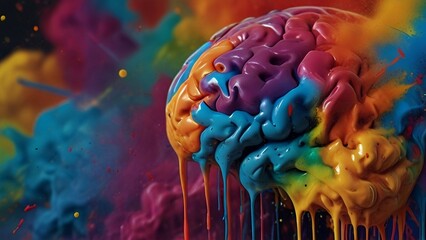 Creative art brain explodes with paints with splashes on a black background, concept idea - obrazy, fototapety, plakaty