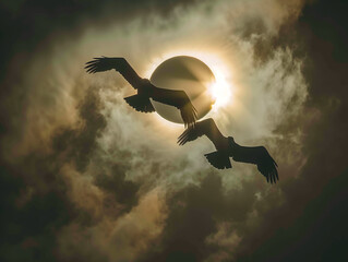 Full solar eclipse photography with eagles flying around in epic composition 