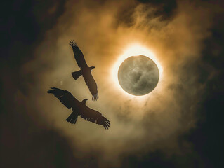 total solar eclipse photography with eagles flying around in epic composition 