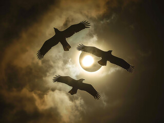 Solar eclipse photography with eagles flying around in epic composition 