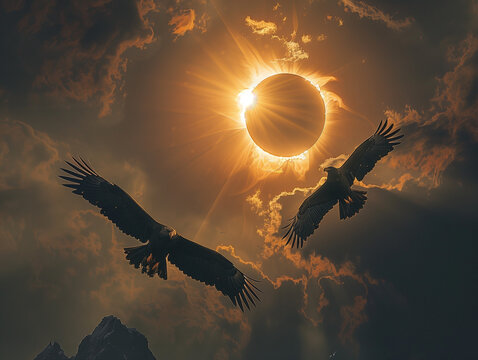 Full solar eclipse photography with eagles flying around in epic composition 