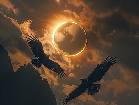 Full solar eclipse photography with eagles flying around in epic composition 
