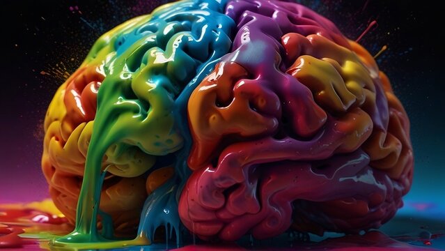 Creative art brain explodes with paints with splashes on a black background, concept idea
