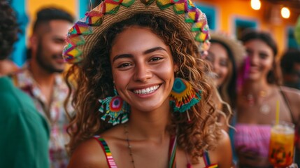 Obraz na płótnie Canvas A latino woman smiles with her friends celebrating Cinco de Mayo, a traditional Mexican cultural celebration holiday. 