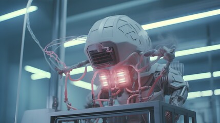 Fototapeta premium Cybernetic Extraterrestrial Experiment in Futuristic Science Laboratory with Wired Cyborg and Vacuum Tubes