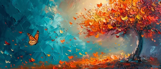 Papier Peint photo autocollant Papillons en grunge Oil painting, abstract tree, palette knife, colorful leaves, and butterfly, on a dynamic background with striking lighting and highlights