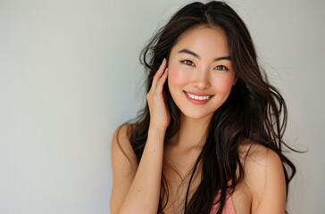 A beautiful smiling young Asian woman with long straight hair wearing a pink tank top sitting on a white table, her hand touching her face and showing her perfect skin tone