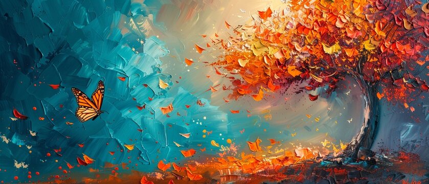 Oil painting, abstract tree, palette knife, colorful leaves, and butterfly, on a dynamic background with striking lighting and highlights