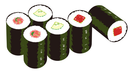 Three kinds of thin sushi rolls (fatty tuna with green onion, cucumber and tuna) against white background