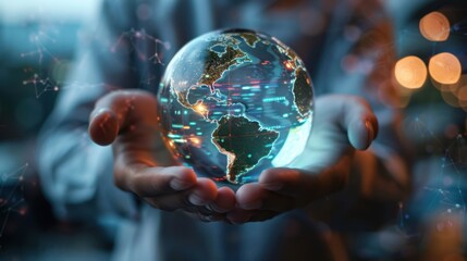 A person holding a globe with innovative solutions emerging from different countries.