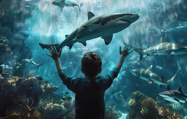 A child looks at the shark in an aquarium, swimming with other fish. The little boy is silhouetted...