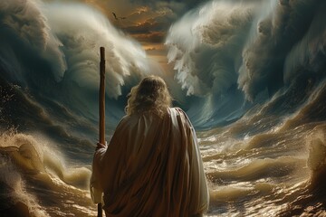 Portrait of the biblical back view of Moses dividing the sea with his stick: a depiction of divine power and liberation, with towering walls of water parting to reveal a path of destiny. - obrazy, fototapety, plakaty