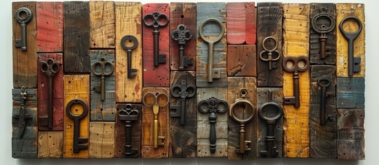 Multiple keys of different sizes and shapes hanging on hooks attached to a rustic wooden wall